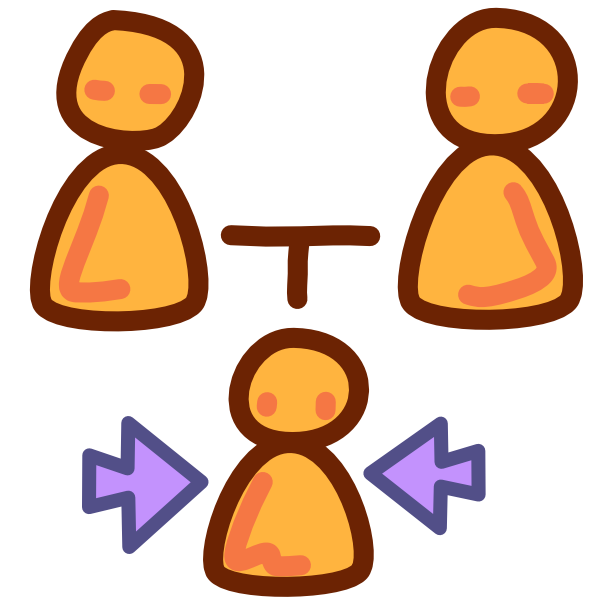 Two yellow figures sit next to each other with a Capital T shape connecting them and pointing down at a third yellow  figure. This third figure has purple arrows pointing at it from either side.